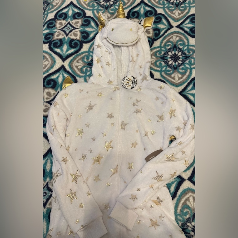 Secret Treasures women's unicorn union suit in white with gold stars, x-small